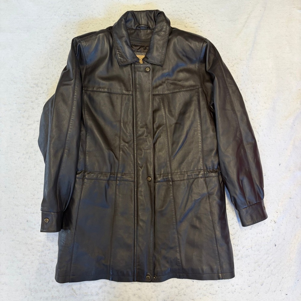 Columbia Leather Jacket Womens Medium Black Quilted Lining Full Zip Car Coat
